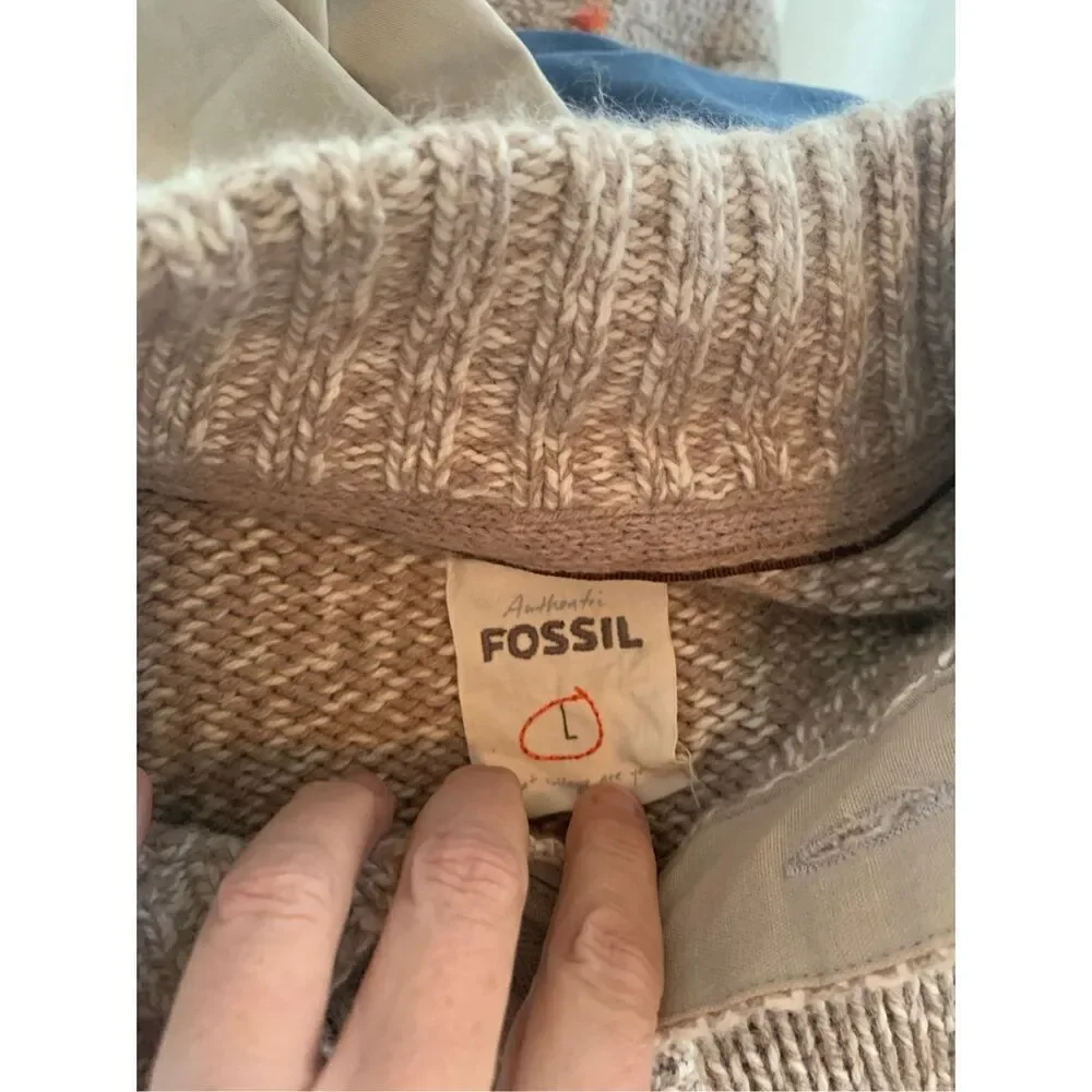 MENS FOSSIL PULLOVER SWEATER angora cotton blend Beige Tan 1/4 button